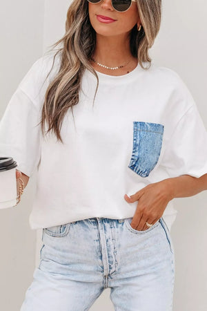 White cotton tee with denim pocket, crew neck, short sleeves, relaxed fit.