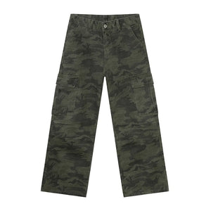 Army green camo cargo pants with multiple pockets and a relaxed fit.