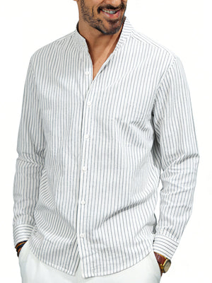 Men's white striped long sleeve cotton blend shirt with mandarin collar.