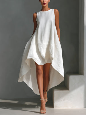 Elegant white high-low hem sleeveless dress with asymmetrical hemline.