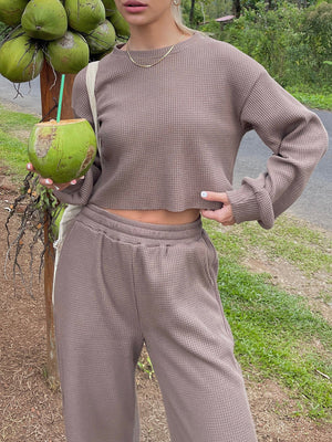 Waffle knit cropped lounge set in mocha, white, khaki, or aqua.