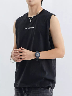 Black cotton blend men's tank top with round neck and graphic text