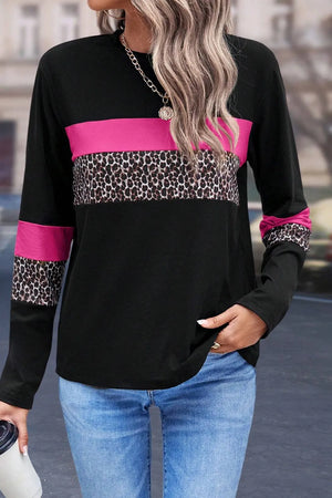 Black long sleeve tee with fuchsia pink and leopard print colorblock panels.