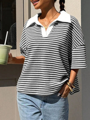 Striped Knit 3/4 Sleeve Polo Top in Brown, back view