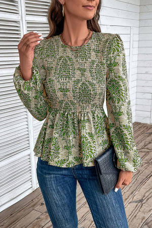 Green damask print peplum blouse with smocking and puff sleeves