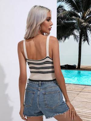 Striped knit tank top with square neck and wide straps in tan with black stripes.