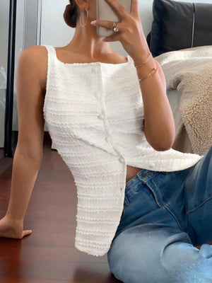 White wavy textured button-front tank top with square neckline