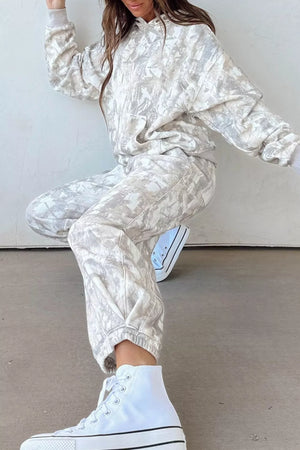 Multicolour Abstract Print Long Sleeve Pant Set in Light Gray, model styling view
