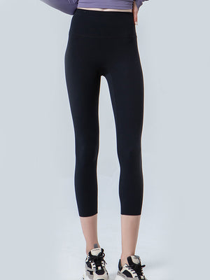 Black cropped leggings with a high waistband and subtle mesh detail at the hem.