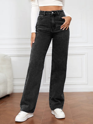 Black wide-leg denim jeans with a sculpted waist and button closure.