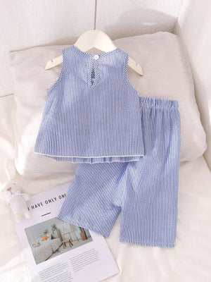 Children's Striped Sleeveless Top And Pants Set in Blue, alternate angle