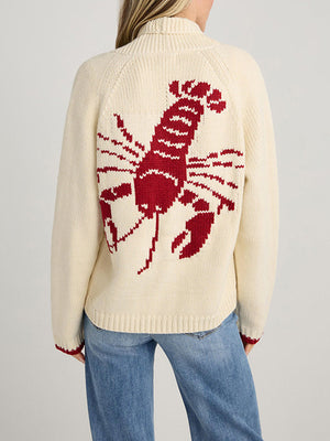 Cream knit cardigan with red lobster appliqué on back, ribbed cuffs and hem.