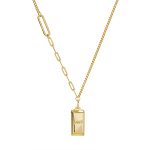 Gold-plated bar pendant necklace with mixed curb and paperclip chain links.