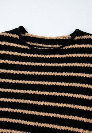 Black and tan horizontal stripe slouchy knit jumper with crew neck.