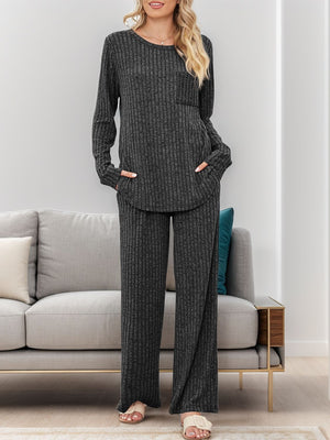 Dark Gray ribbed knit lounge set with long sleeves, crew neck, chest pocket, and wide leg pants.