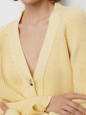 Yellow ribbed raglan cardigan with deep V-neck and button closure