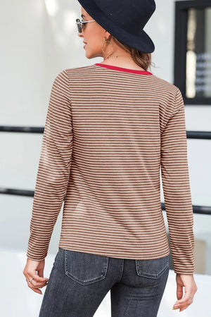 Stripe V Neck Stretchy Long Sleeve Top in Sage, model styling view