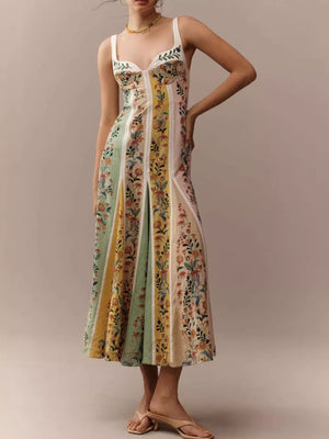 Botanical print sweetheart maxi dress with paneled skirt and white straps.