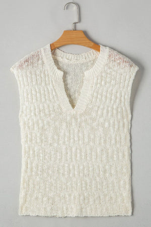 Textured knit V-neck shell top in beige with a relaxed fit.