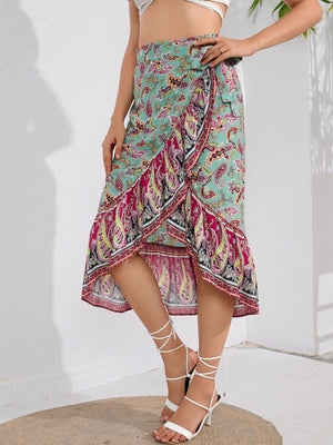 Multicolor paisley wrap midi skirt with ruffled hem and tie waist.
