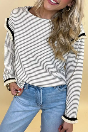 Stripe Contrasted Ruffle Trim Loose Long Sleeve Top in Stripe, fabric detail