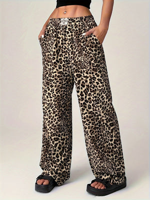 Leopard print palazzo lounge trousers with a relaxed fit and pockets.