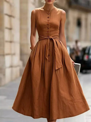 Sleeveless Button-front Belted Midi Dress Plus Size, fabric detail