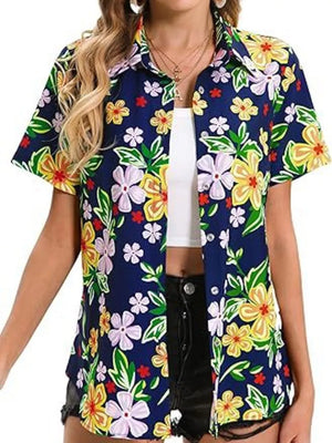 Dark blue button-up shirt with colorful hibiscus floral print, short sleeves, and collar.