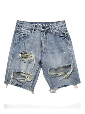 Men's distressed blue denim shorts with rips and frayed hem