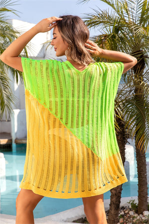 Colorblock knit beach cover-up with V-neck and short sleeves in yellow and yellow-green.