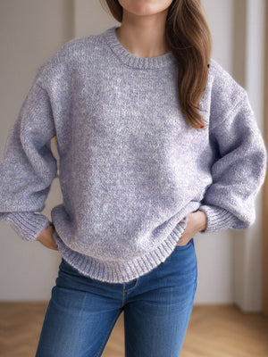 Lavender oversized crewneck sweater with textured knit and ribbed cuffs.