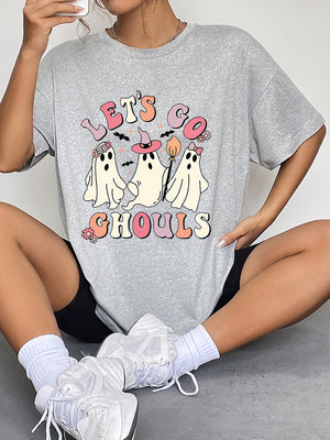 Grey graphic t-shirt with retro ghosts and "Let's Go Ghouls" text.