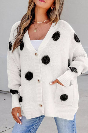 Polka Dot Button Up Cardigan in White, front view