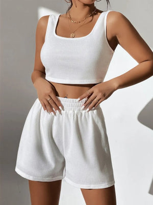 White ribbed knit crop top and high-waist shorts set with square neckline