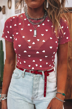 Deep Red sheer t-shirt with white heart print, short sleeves, and a fitted cut.