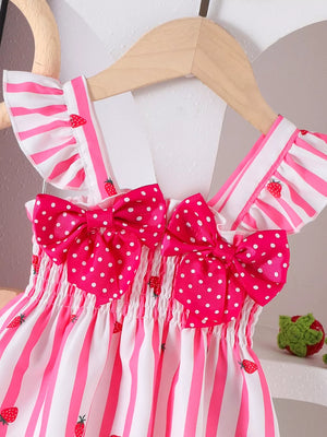 Children's Bow Ruffled Striped Top And Shorts Set in Pink, model styling view
