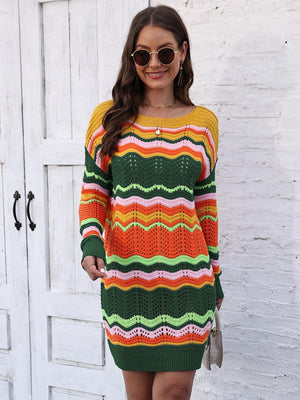 Chevron stripe knit mini dress with crochet detail in orange, green, yellow, and pink.