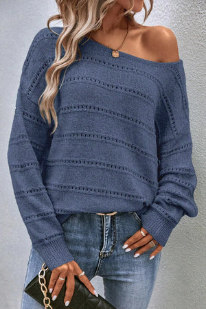Off-the-shoulder French blue openwork knit pullover sweater with horizontal stripe detail.