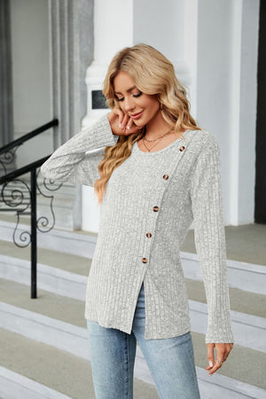Light Gray ribbed tunic top with asymmetric button detail and long sleeves.