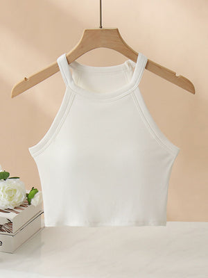 White ribbed halter crop top with contrast stitching detail