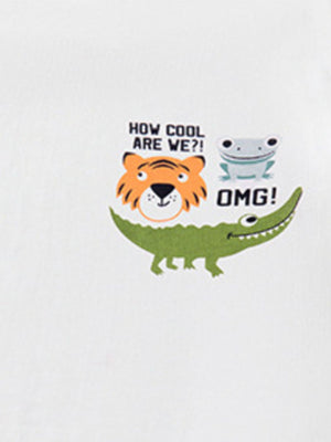 White cotton toddler t-shirt with cartoon tiger, frog, and alligator graphic and text.