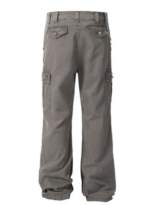 Distressed gray utility cargo pants with wide legs and multiple pockets.