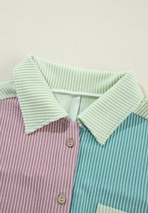 Waffle knit colorblock button-up shirt with striped panels and wooden buttons.