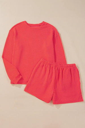 Orange-Red ribbed knit long sleeve top and shorts matching set