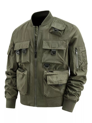 Military green bomber jacket with multiple functional pockets and zippered sleeve pocket.