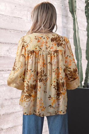 Paisley Print V Neck Shift Blouse in Pastel Yellow, model styling view