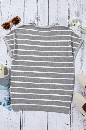 Light gray and white striped boxy tee with contrast trim neckline and sleeves.