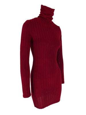 Red ribbed turtleneck bodycon mini dress with long sleeves.
