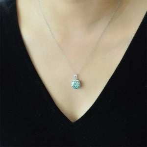 Silver pendant necklace with cushion-cut moissanite and halo, 925 sterling silver.