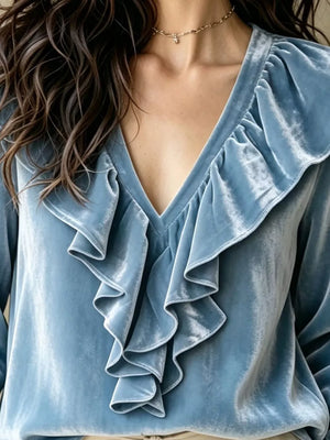 V-neck Long-sleeve Top in Sky Blue, fit detail